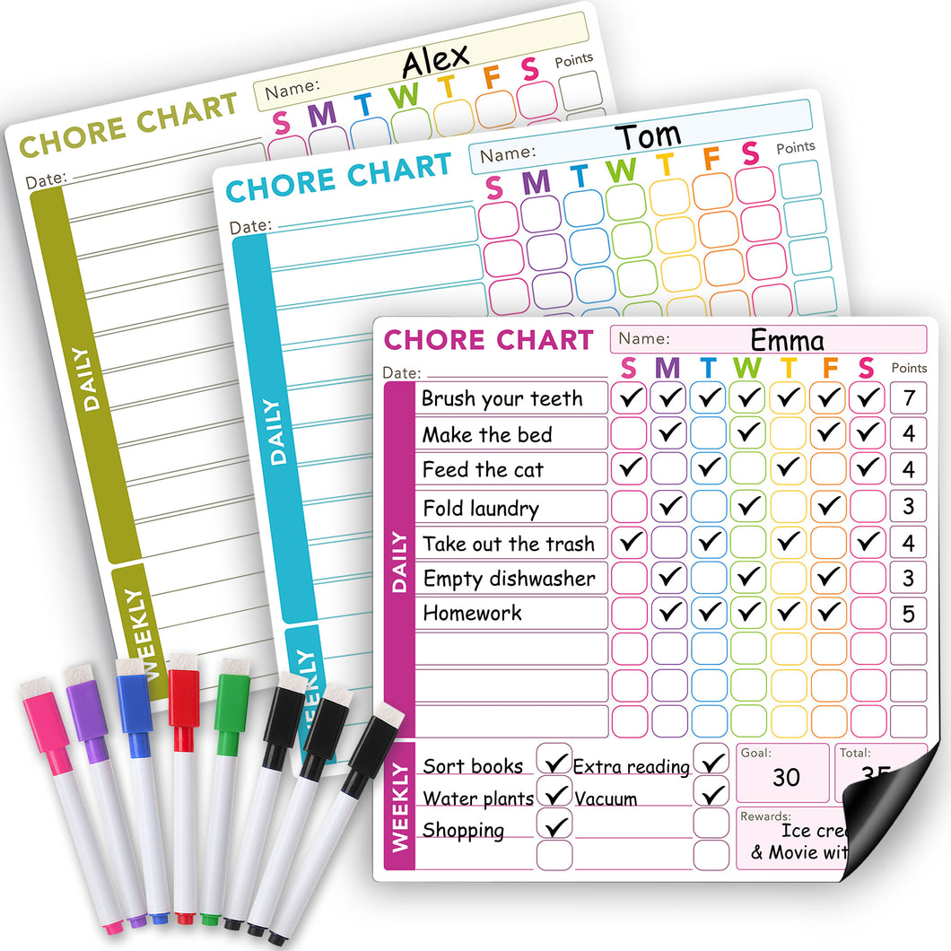 Three Individual Chore Charts & 8 Vibrant Markers