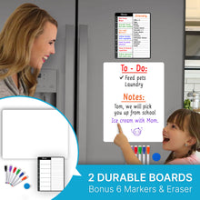 Load image into Gallery viewer, Magnetic Dry Erase Whiteboard Set: White Board For Home, Office &amp; Classroom (11.5x15&quot;), Menu Board For Kitchen Fridge/Family Meal Planner (7x9”), Stain-Resistant, 6 Fine Tip Magnetic Markers &amp; Eraser.
