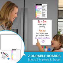 Load image into Gallery viewer, Magnetic Dry Erase Whiteboard Set: White Board For Home, Office &amp; Classroom (11.5x15&quot;), Menu Board For Kitchen Fridge/Family Meal Planner (7x9”), Stain-Resistant, 6 Fine Tip Magnetic Markers &amp; Eraser.
