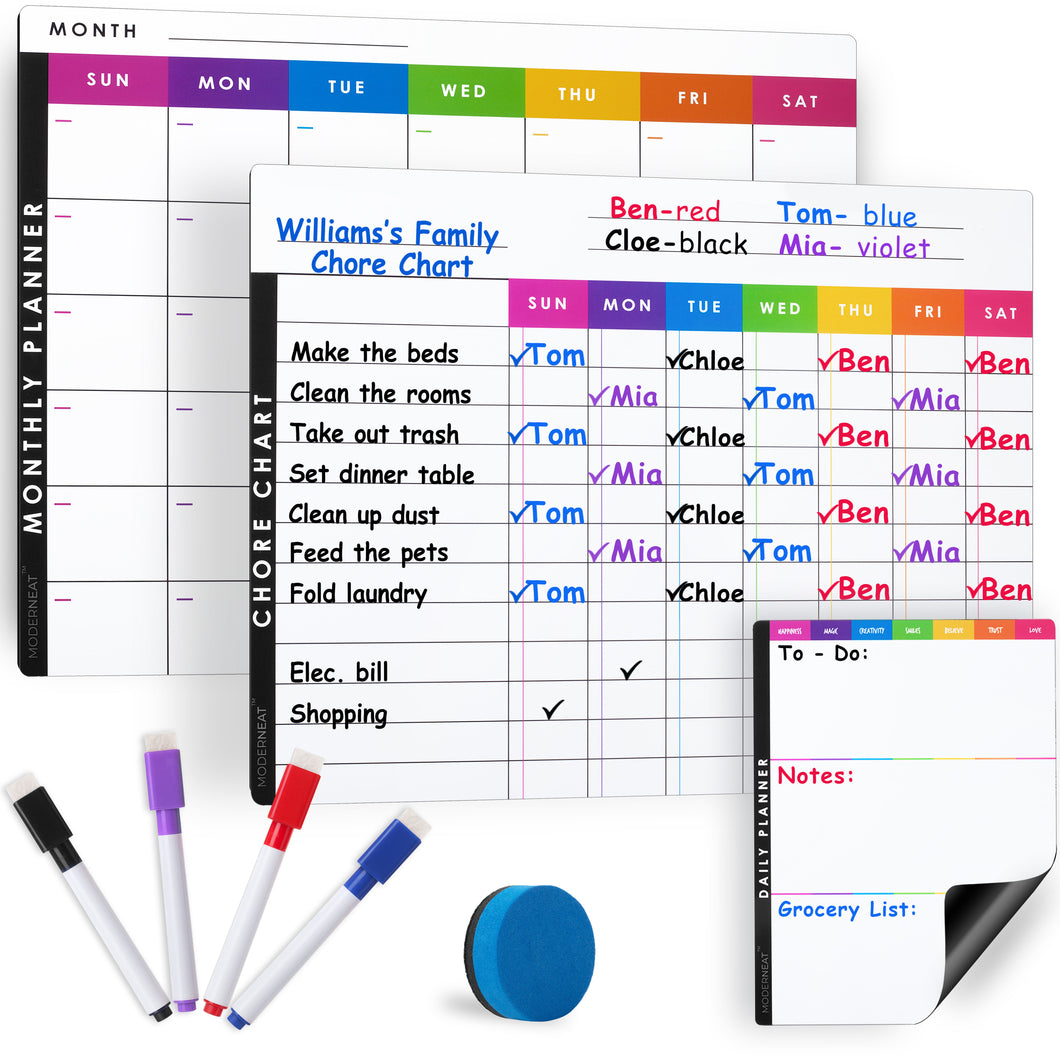 Chore Chart, Monthly Calendar, Daily Notepad and 4 Vibrant Markers